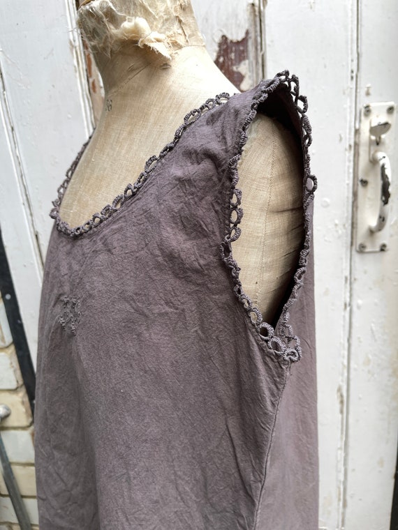 Antique French chocolate brown cotton dress initi… - image 5