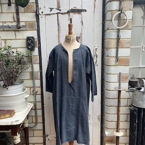 Antique French grey linen smock dress with patches size M/L
