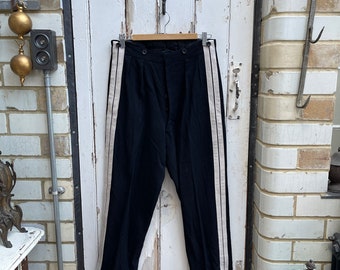 Antique French mens black wool trousers with white stripe size S
