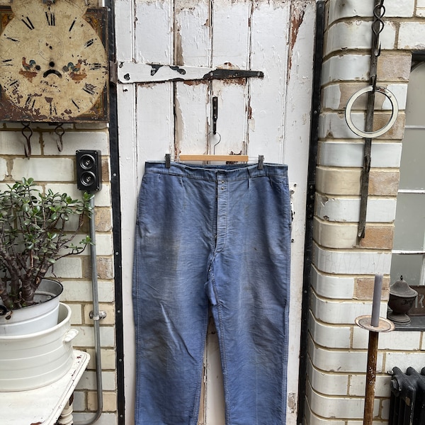 Antique French light blue cotton moleskin workwear chores trousers size L