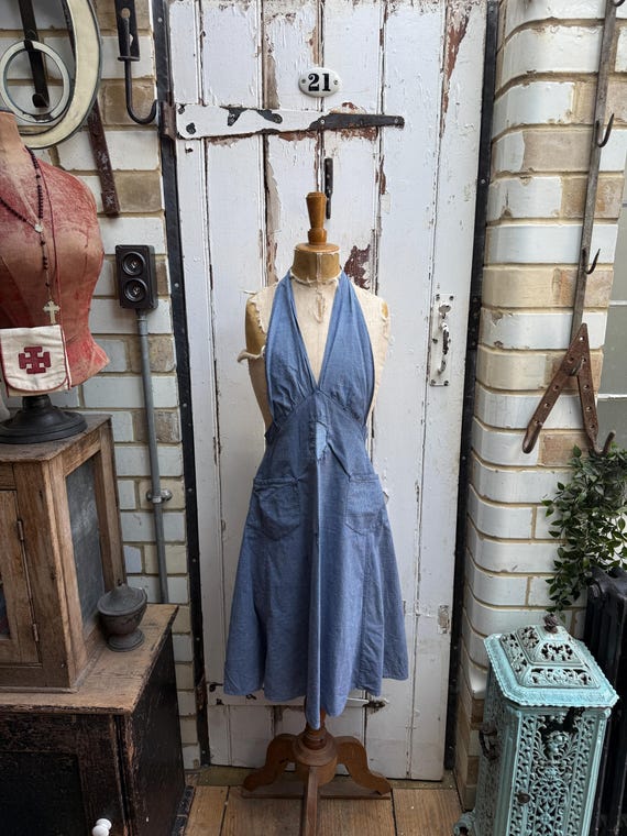 Antique Vintage French Handmade Blue Check Gingham Cotton Pinafore