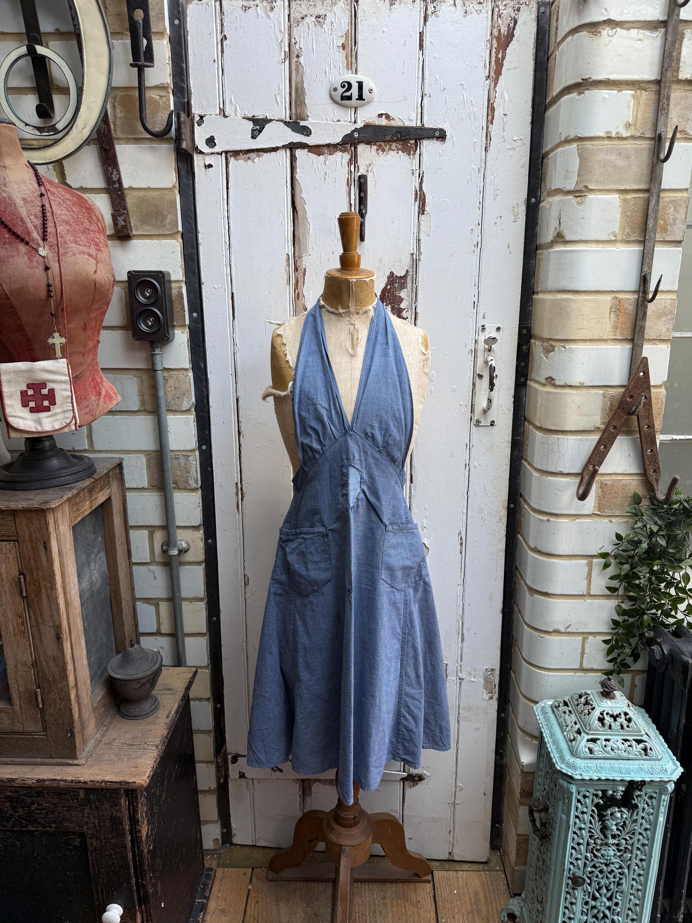 アンティークヴィンテージのフランス製ハンドメイドのブルーチェックの