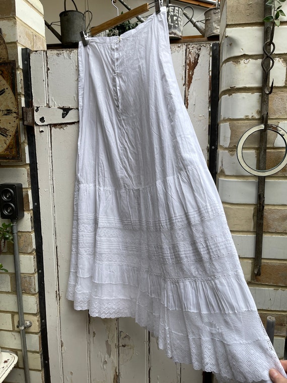 Antique handmade long white cotton skirt with tie… - image 10