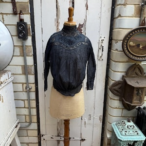 Antique French handmade black cotton voile blouse with lace neck size S