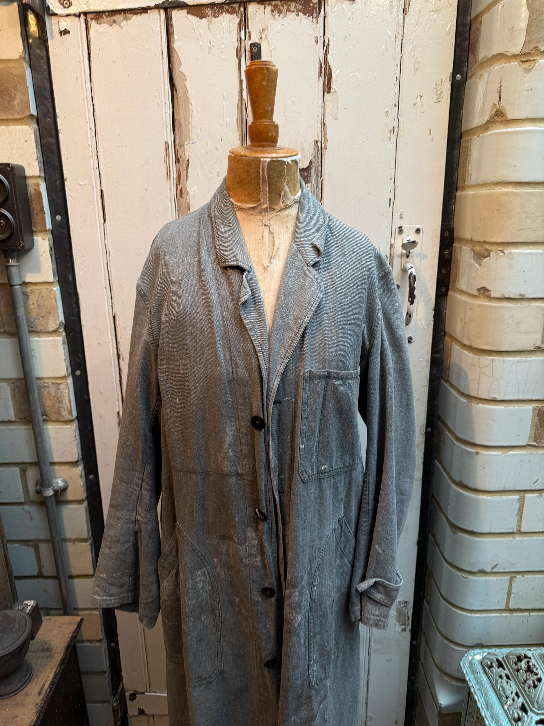 Antique Vintage French Paint Spattered Light Grey Cotton