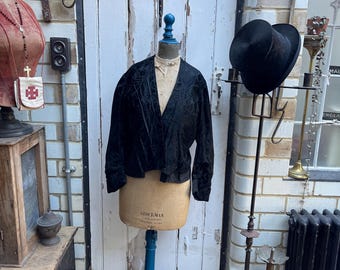 Chaqueta francesa antigua de seda negra hecha a mano, talla S