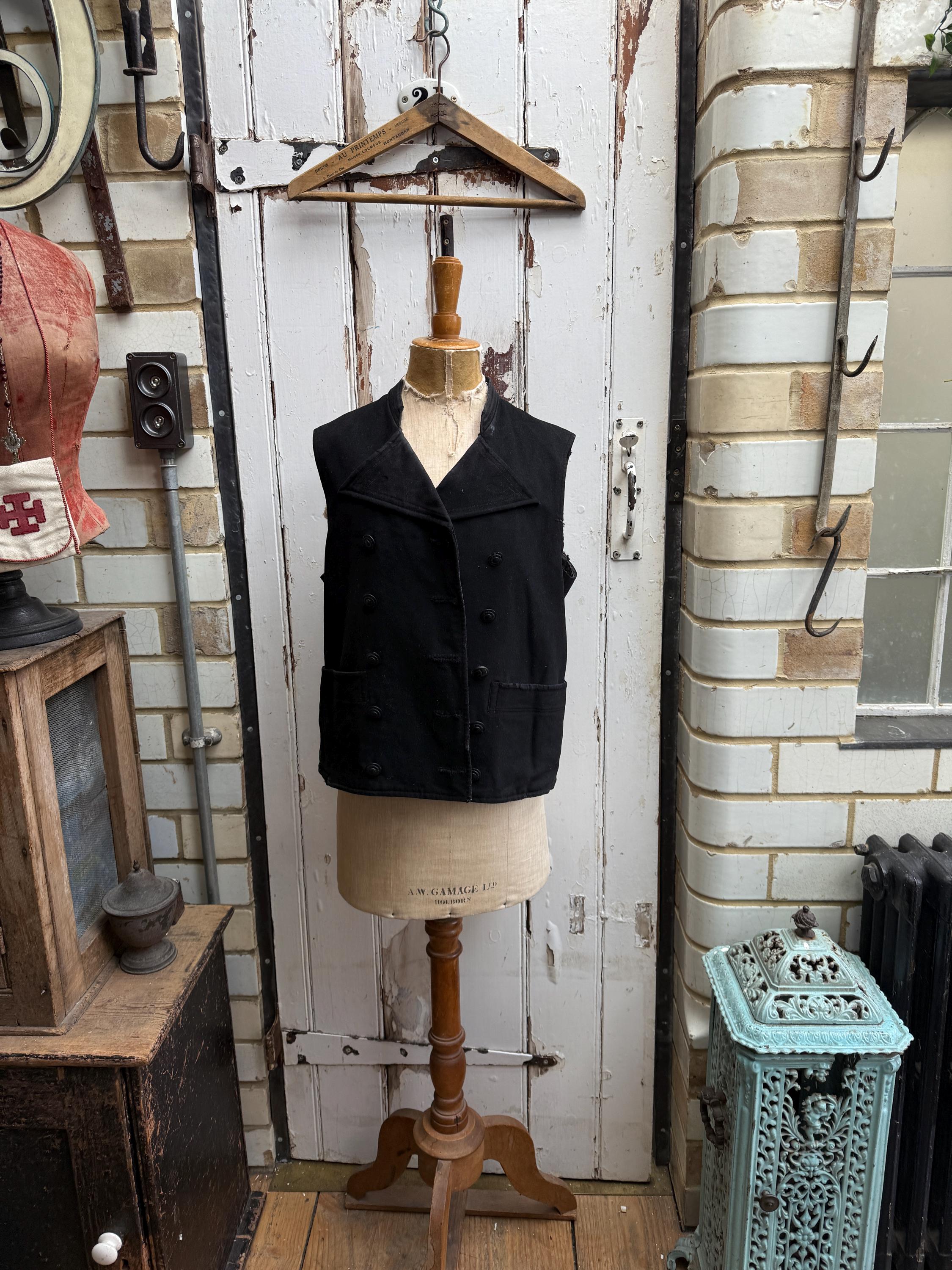 Antique Dutch handmade black moleskin cotton waistcoat gilet jerkin size S