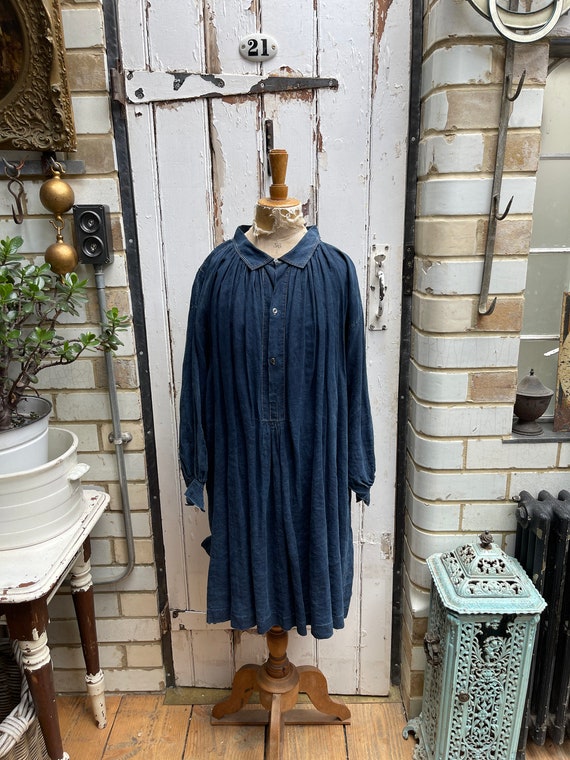 Antique French Handmade Indigo Blue Linen Biaude Shirt Chemise 
