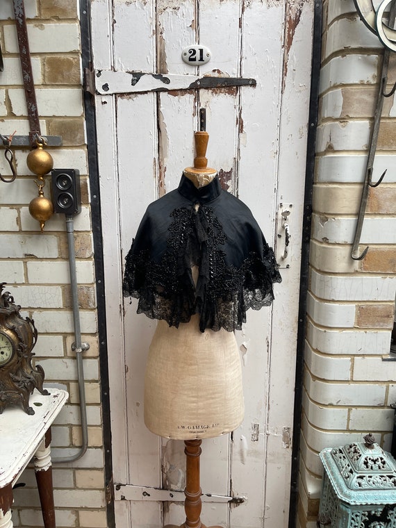 Antique French Handmade Black Silk Beaded Short Cape With