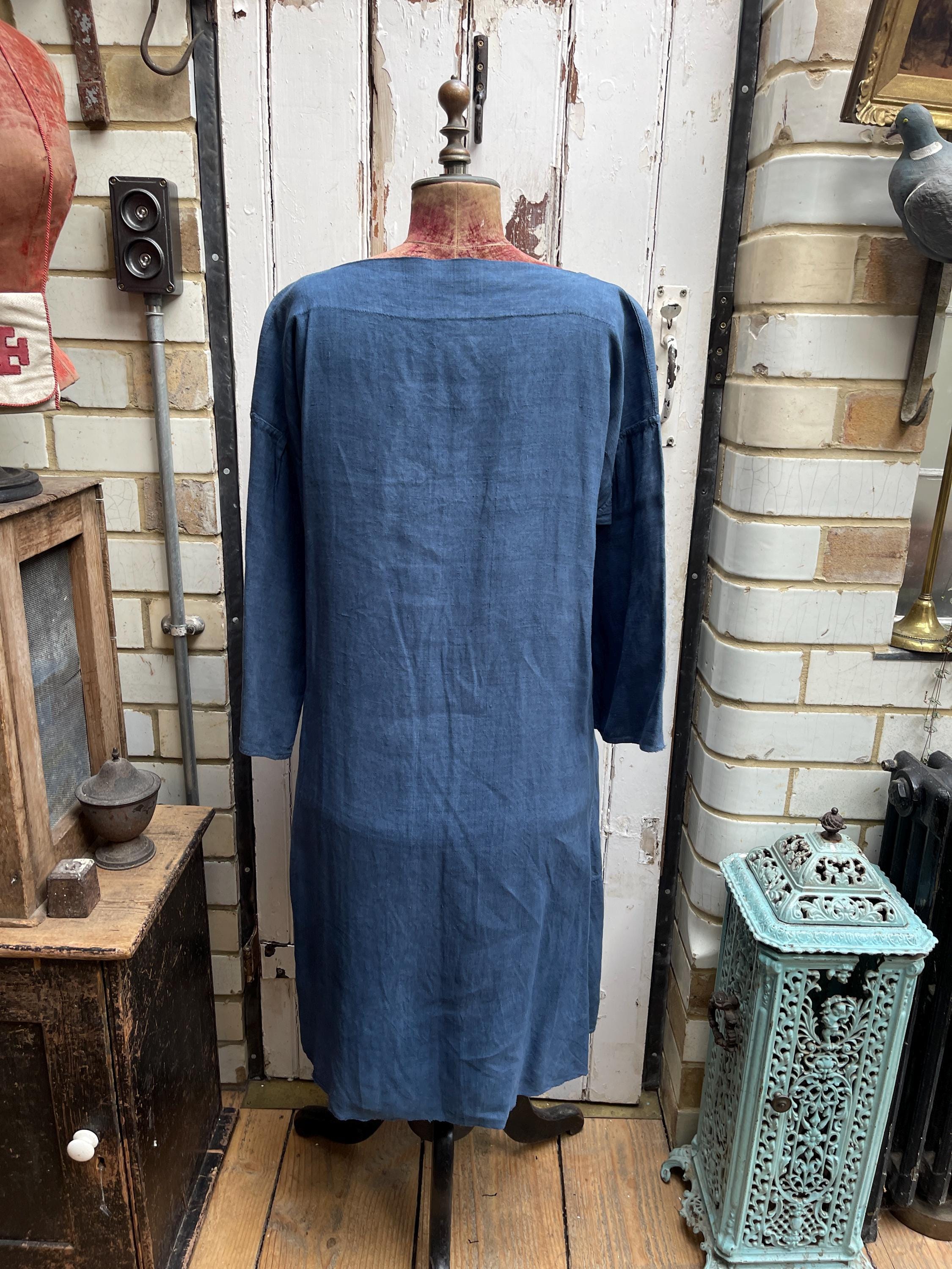 Antique French Blue Linen Dress With Cross Motif Size L