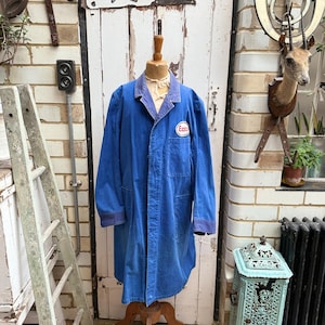 Antique vintage Welsh blue cotton chores coat long jacket with Esso patch size M