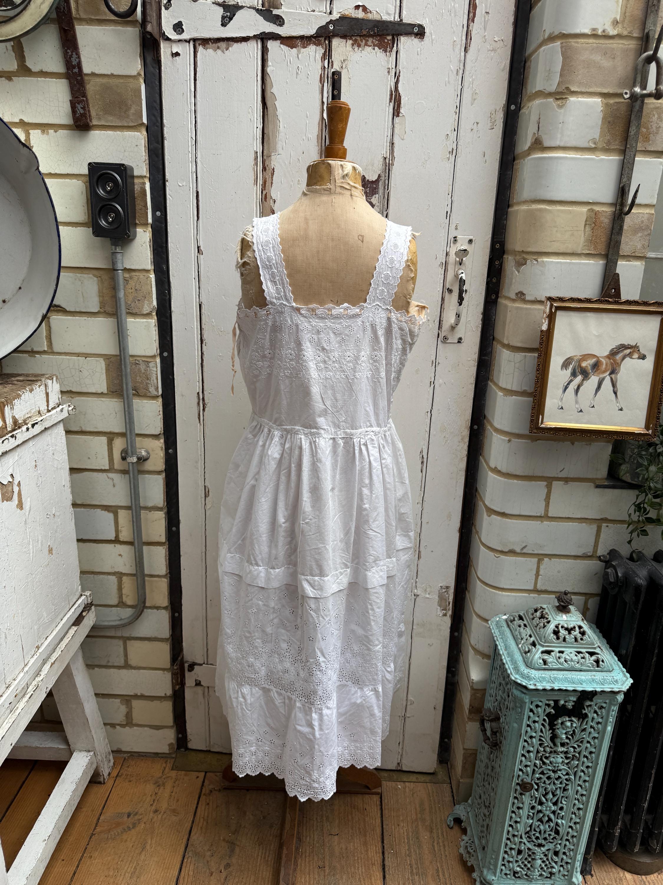 Antique French White Cotton Slip Dress With Embroidery and Cut Out