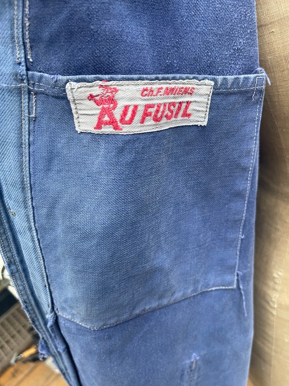 Antique French Au Fusil Blue Cotton Chores Jacket Coat With Mends