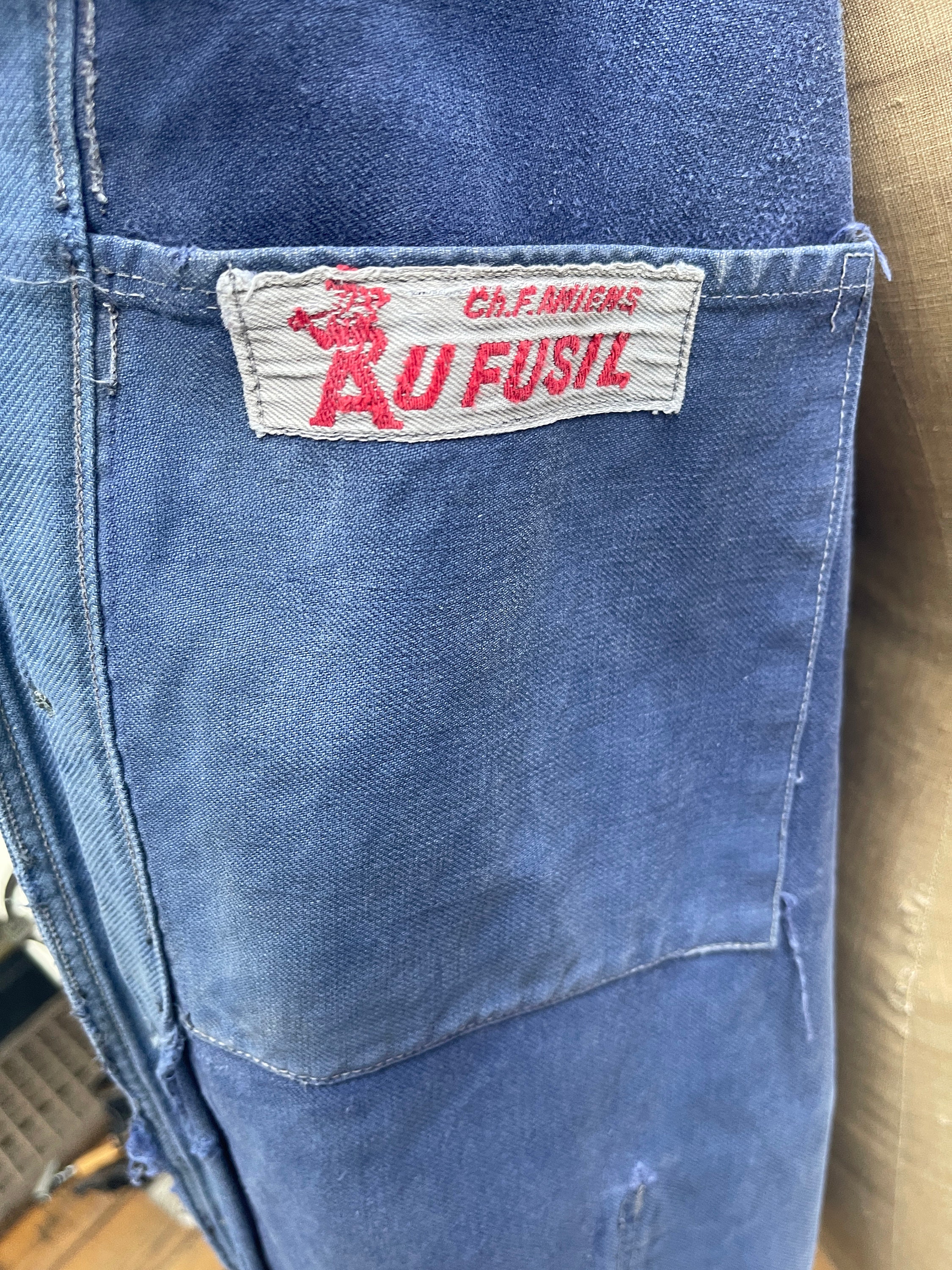 Antique French Au Fusil Blue Cotton Chores Jacket Coat With Mends