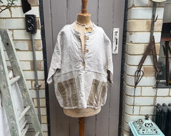Blusa de linho artesanal antiga/vintage com bolsos forrados, tamanho G