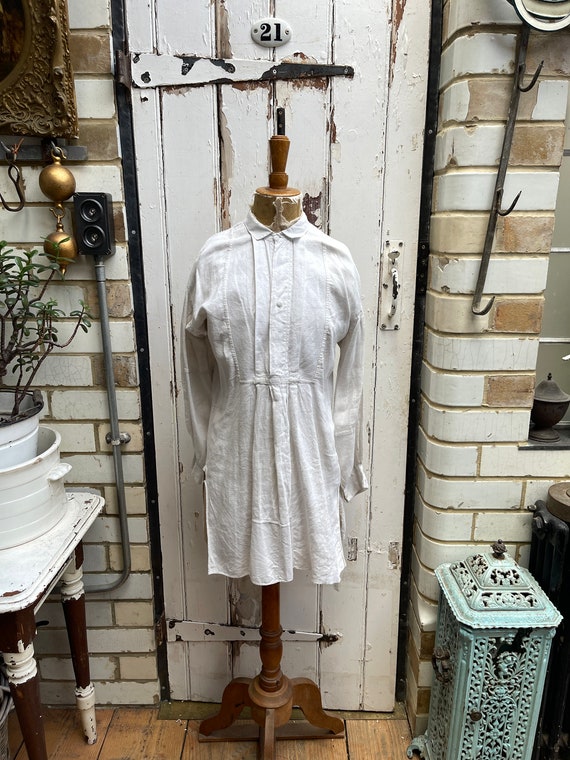 Antique French cream off white linen shirt dress c