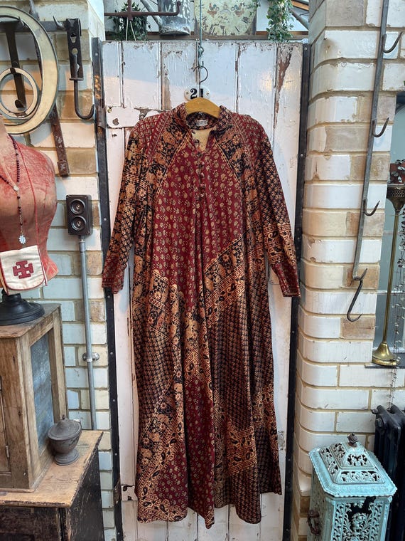 Vintage Indian Long Cotton Block Printed Patterned Dress Size M/L