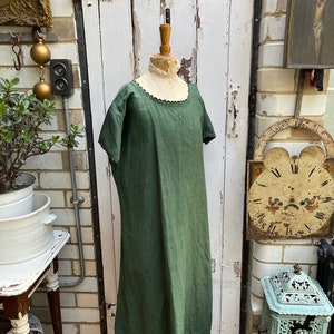 Antique French green linen shift dress initials DP size M image 10