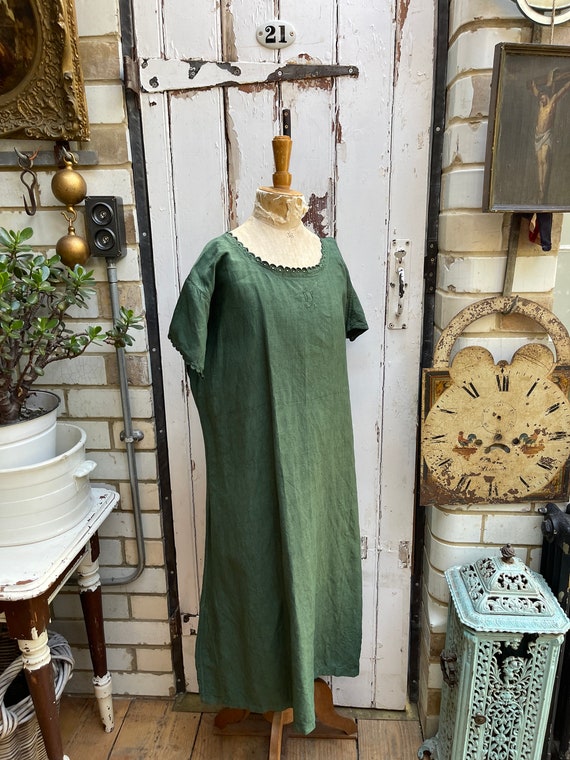 Antique French green linen shift dress initials D… - image 10