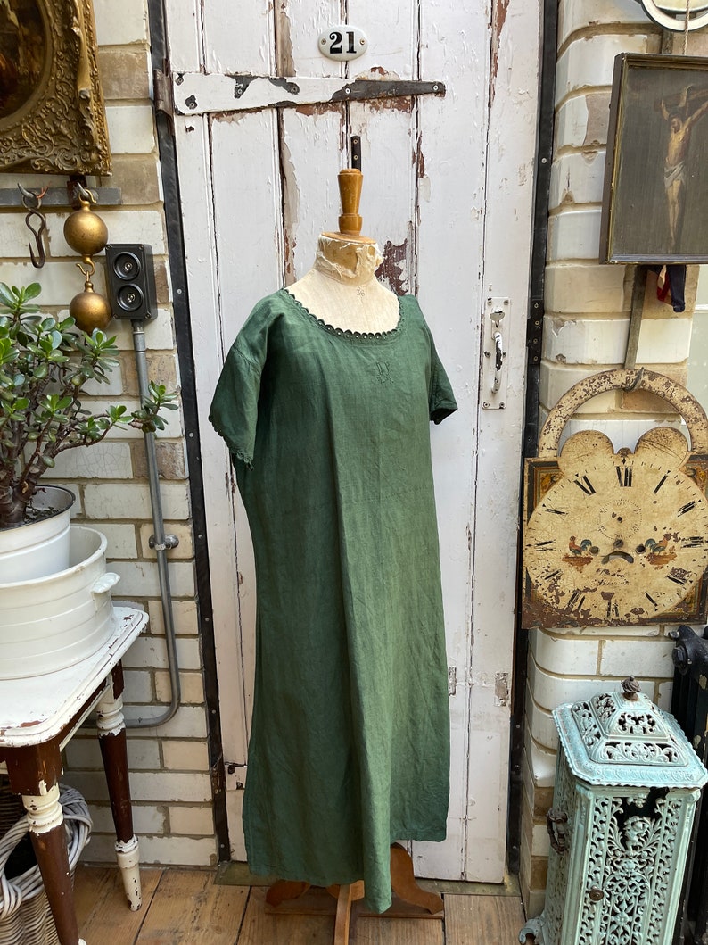 Antique French green linen shift dress initials DP size M image 10