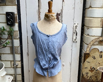 Antique French light blue cotton camisole top corset cover with lace trim size M