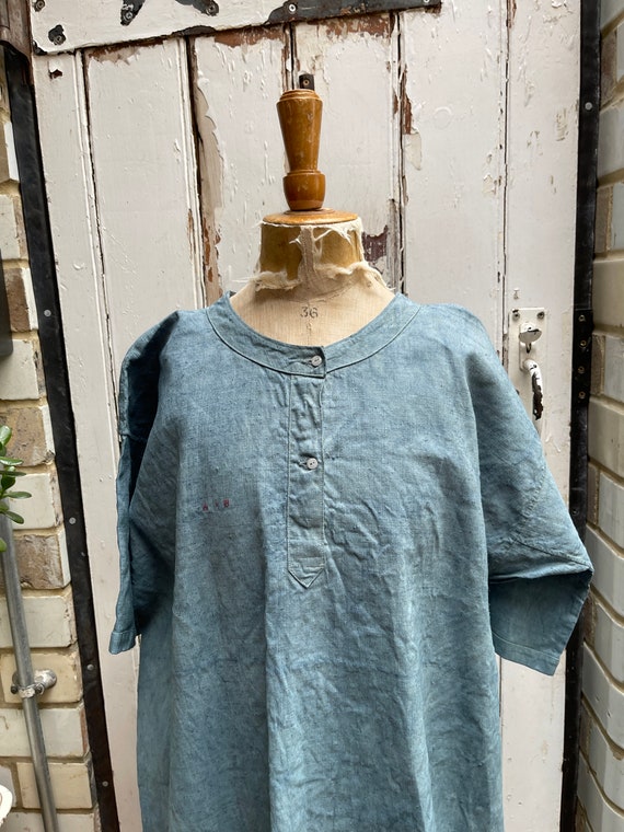 Antique French faded sea green linen flax dress i… - image 2