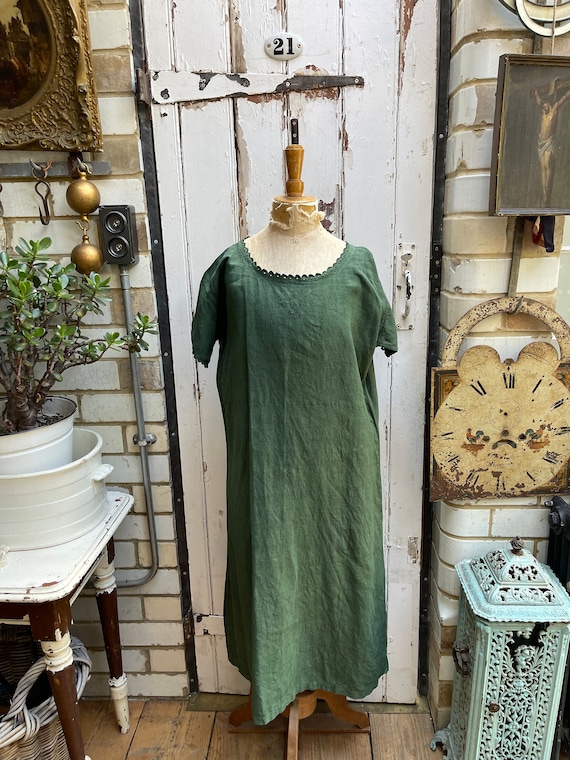 Antique French green linen shift dress initials D… - image 1