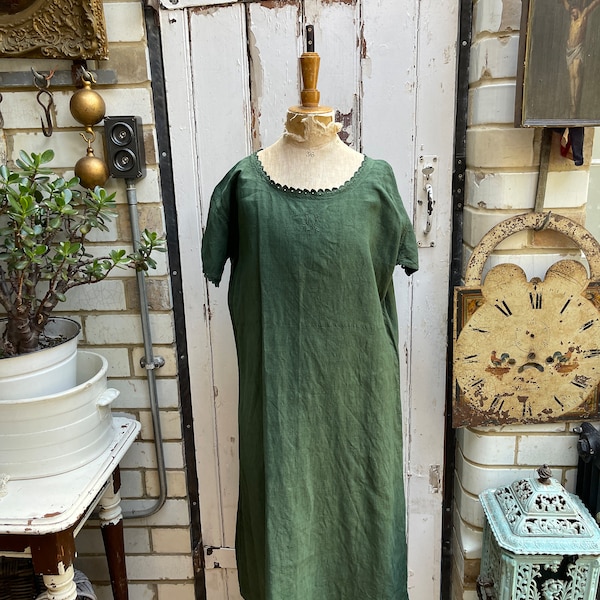 Antique French green linen shift dress initials DP size M