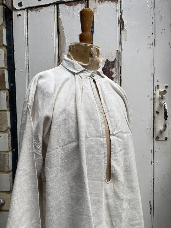 Antique French cream off white linen shirt dress … - image 9