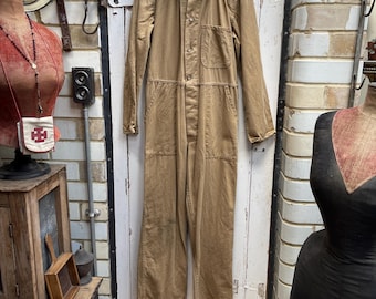 Antique vintage Irish Lawtex brown cotton boiler suit overalls coveralls jumpsuit workwear size 34 S