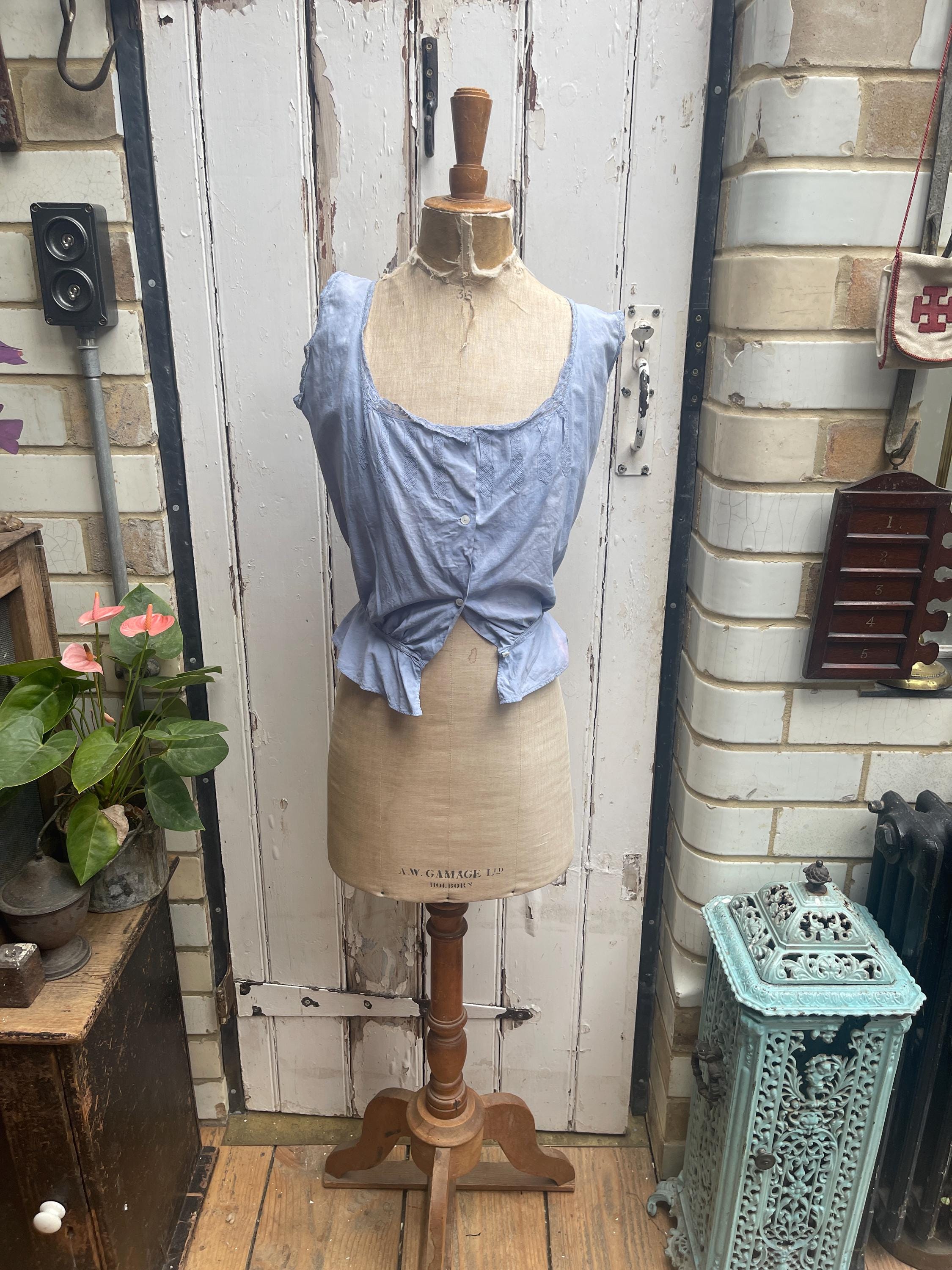 Antique French Light Blue Cotton Camisole Top Corset Cover With 