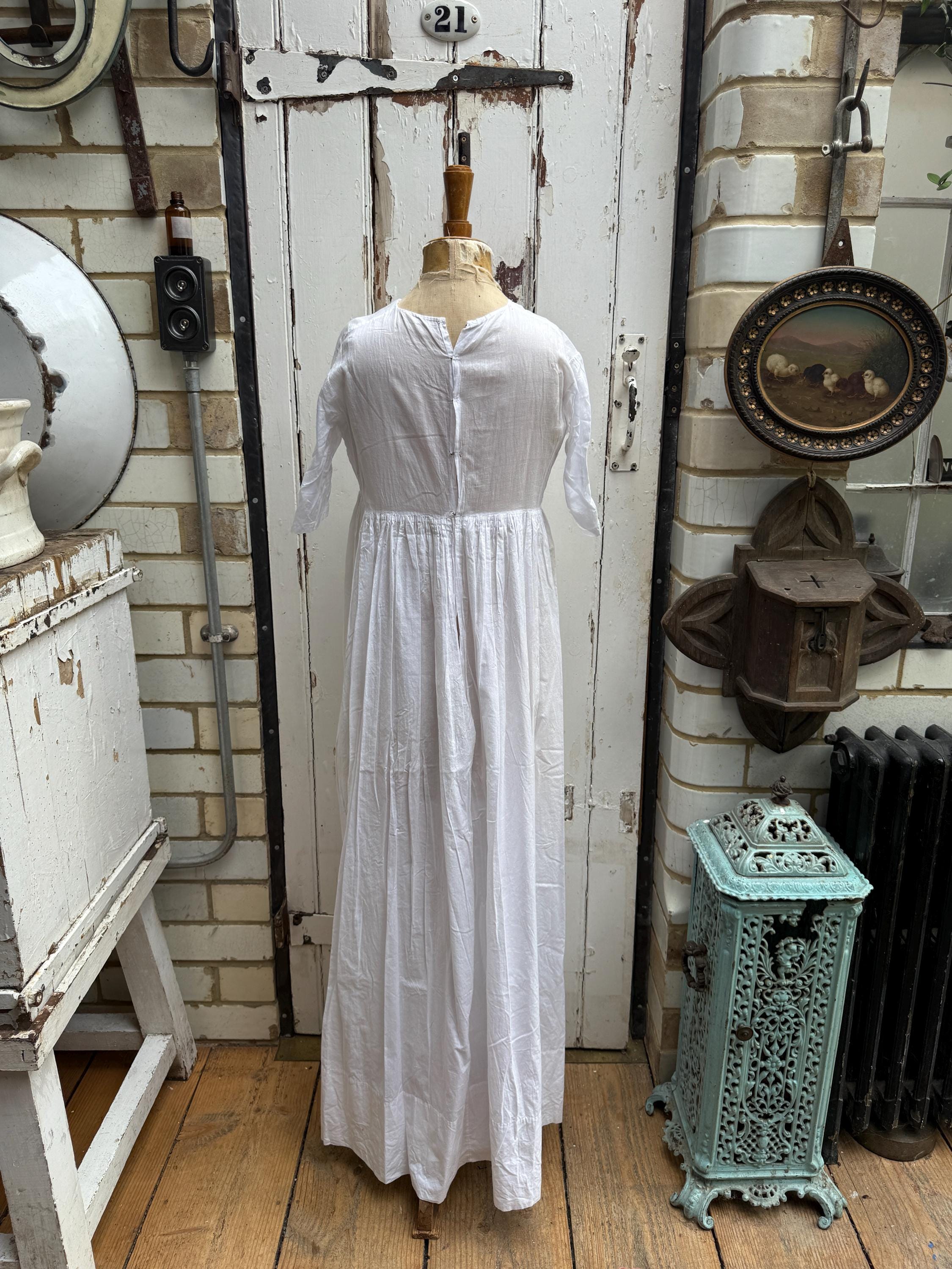 Antique French Handmade Long White Cotton Voile Shift Dress Size S