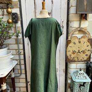 Antique French green linen shift dress initials DP size M image 6