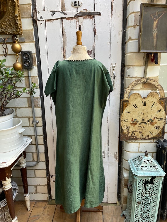 Antique French green linen shift dress initials D… - image 6