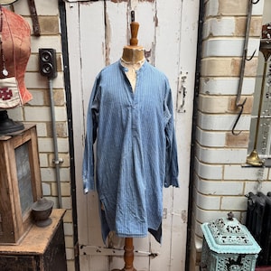 Antique vintage French blue cotton pinstriped shirt chemise with patches and mends size M