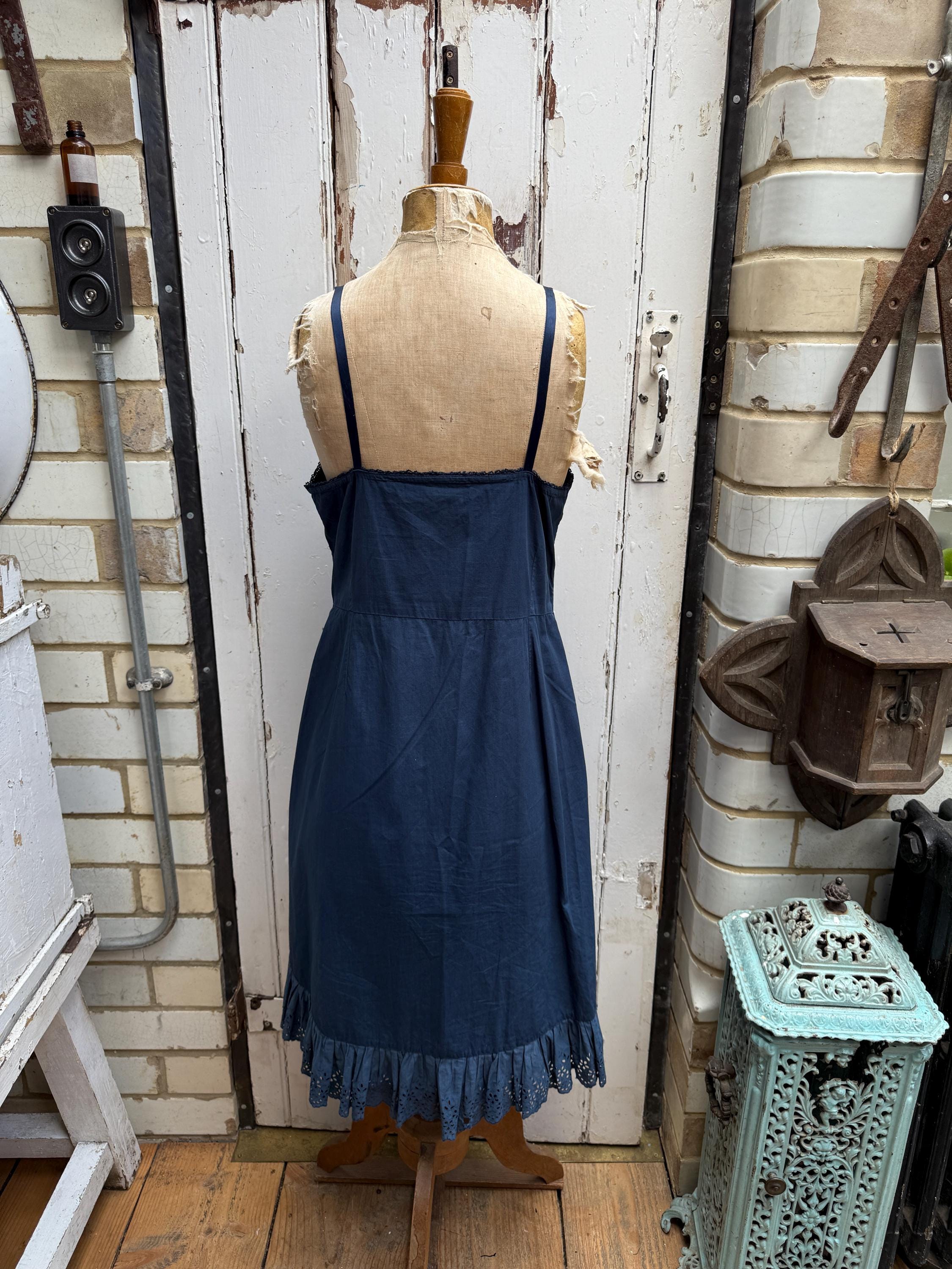 フランスアンティーク シフトドレス ワンピース アンティークフレンチブルーコットンシフトドレス（裾レース付き