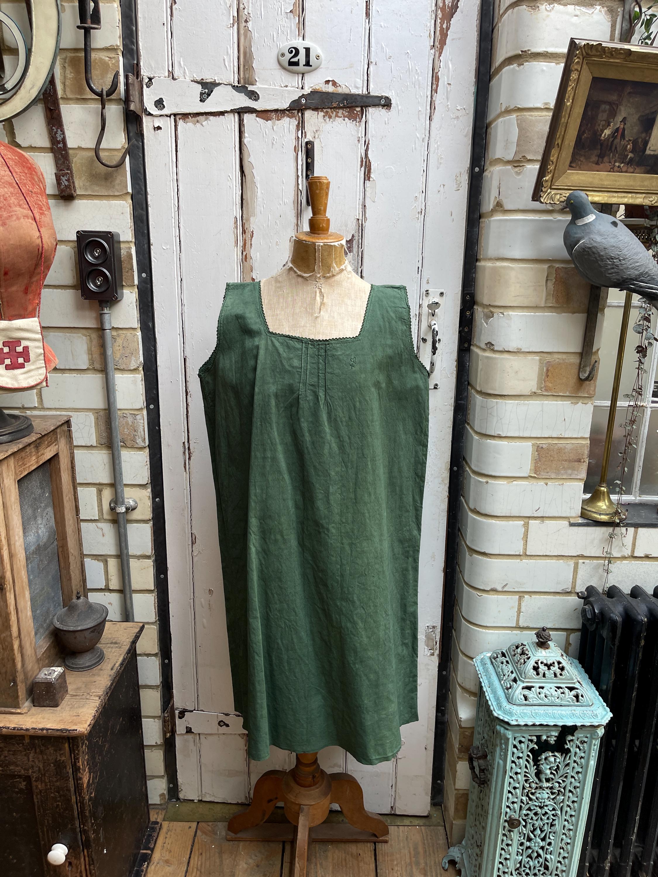Antique French Green Linen Cotton Metis Shift Dress Initial L Size 