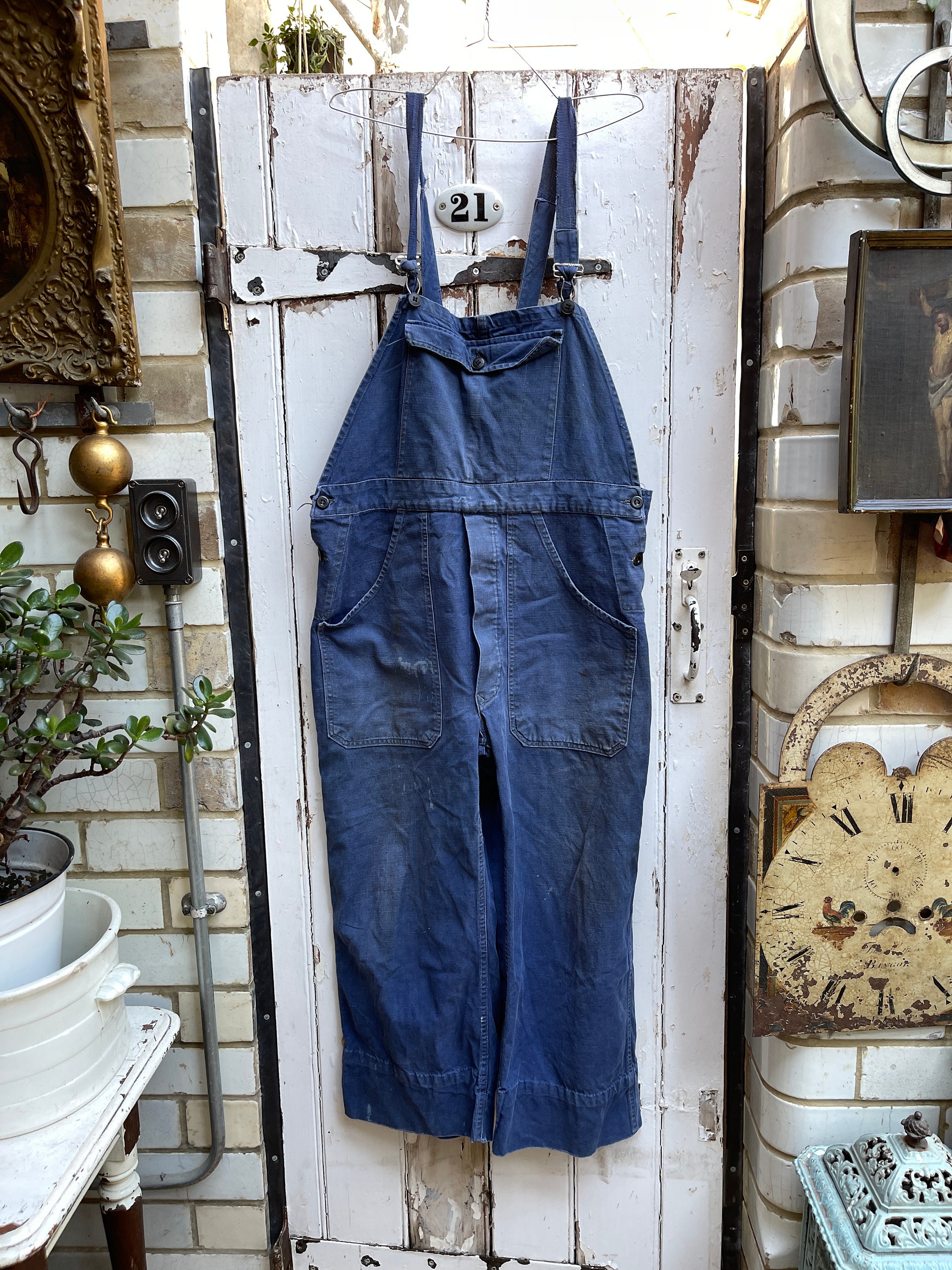 Antique Vintage French Blue Cotton Dungarees Workwear Overalls
