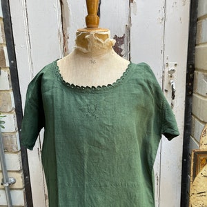 Antique French green linen shift dress initials DP size M image 2