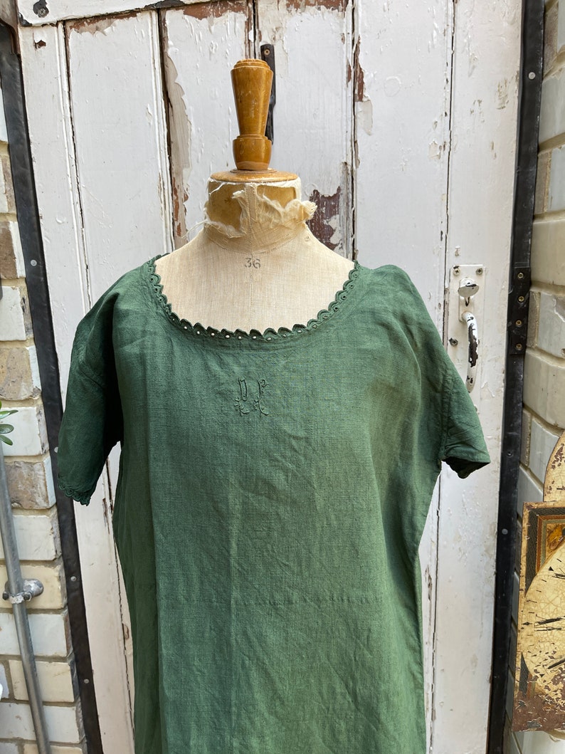 Antique French green linen shift dress initials DP size M image 2