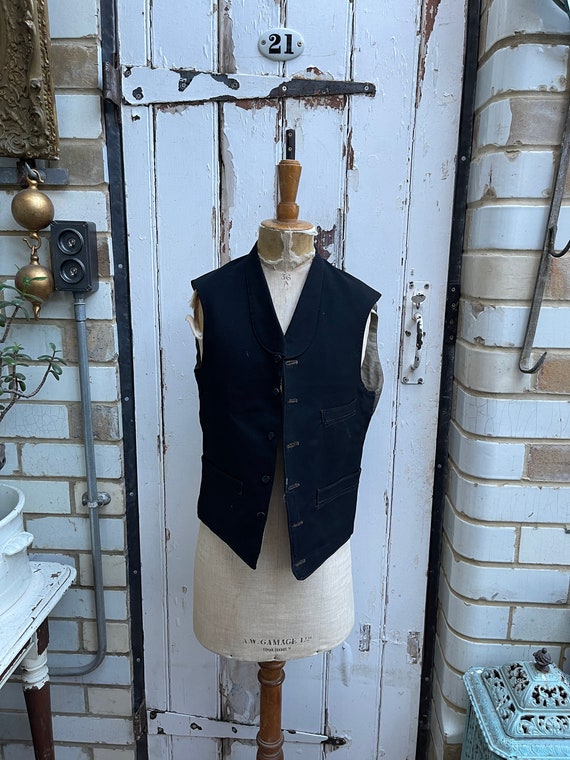 Antique mens black wool waistcoat vest with brown… - image 1