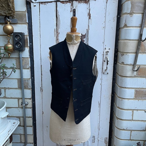 Antique mens black wool waistcoat vest with brown back size S/M