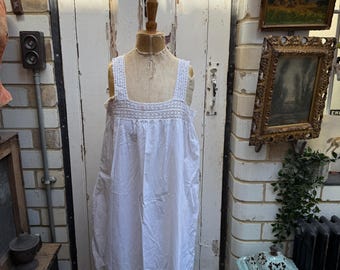 Antique French white cotton slip dress with lace and pintuck detail size S