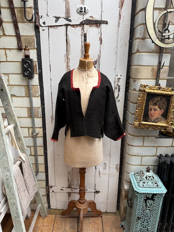 Antique Dutch Traditional Handmade Black Wool and Linen Jacket