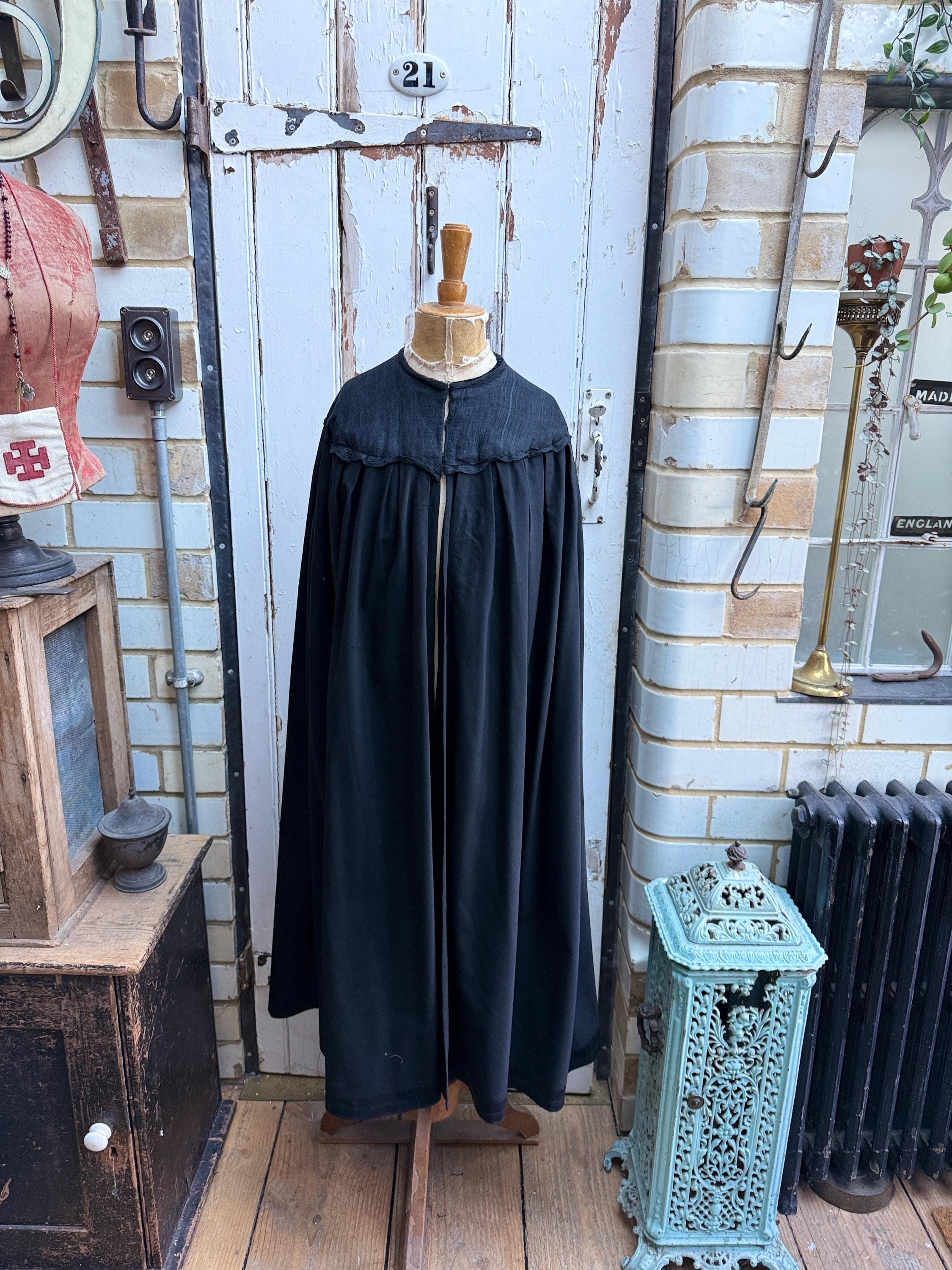 Antique French handmade long black wool cape cloak with silk collar