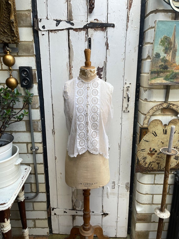 Antique French white sleeveless net blouse top with lace front size S