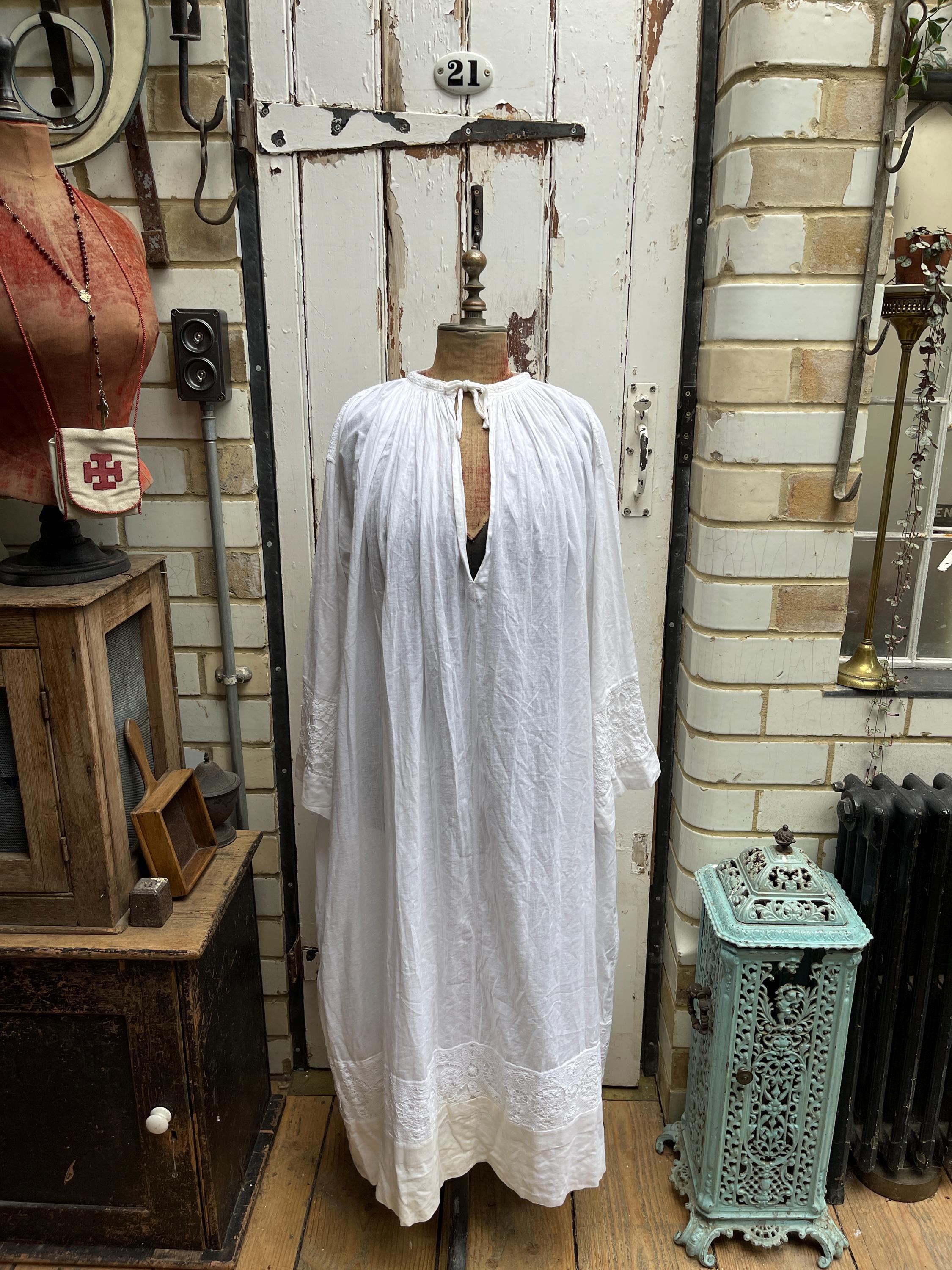Antique French White Cotton Voile Priests Surplice Dress Gown With  
