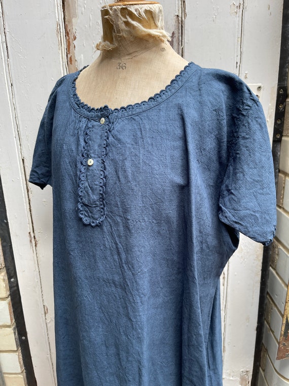 Antique French blue linen dress size M - image 7