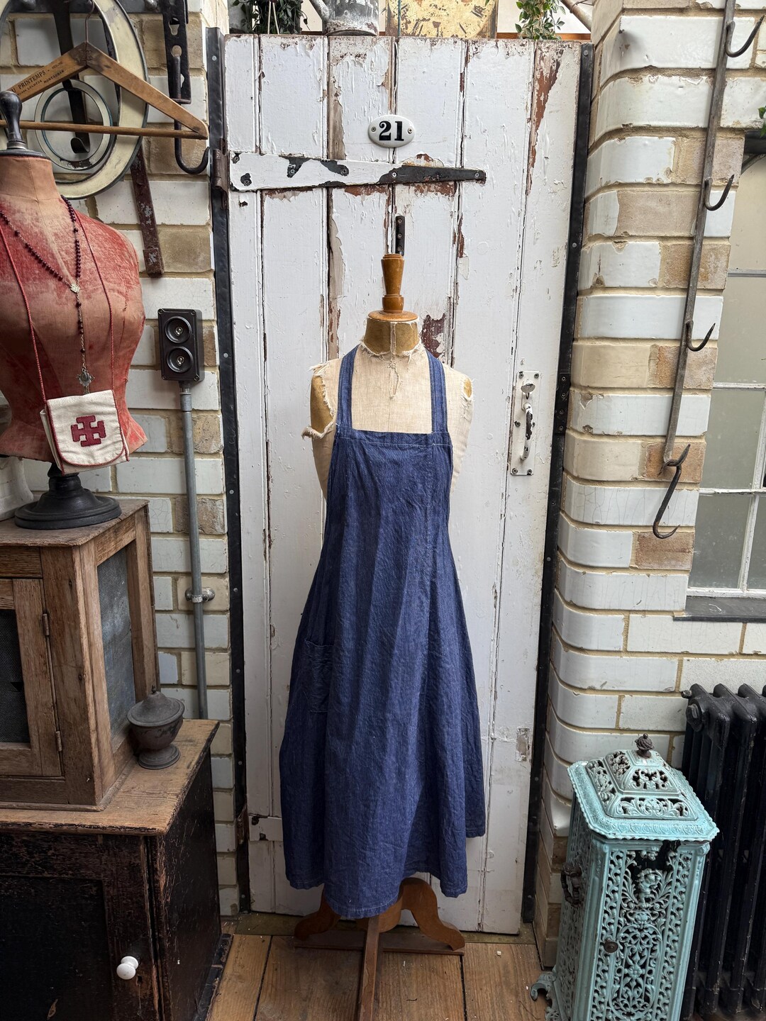 Tablier Ancien Français En Laine Rayée Gris-bleu - Vêtement De Travail 1820