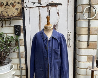 Antique vintage French blue cotton chores jacket coat size S/M